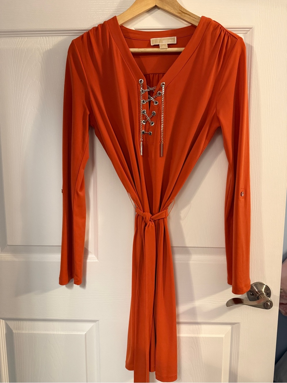 Michael Kors Bright Orange Lace-Up Long Sleeve Wrap Dress